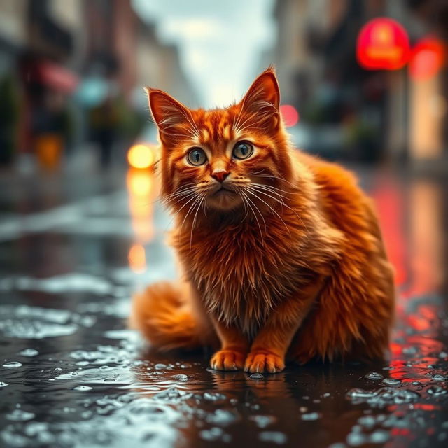 A vibrant red cat sitting in the rain, droplets glistening on its fur, with an expressive face showing curiosity