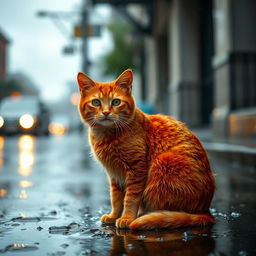 A vibrant red cat sitting in the rain, droplets glistening on its fur, with an expressive face showing curiosity