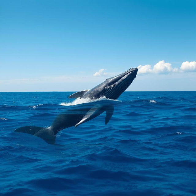 A majestic whale swimming gracefully in the ocean, amidst gentle waves under a clear blue sky