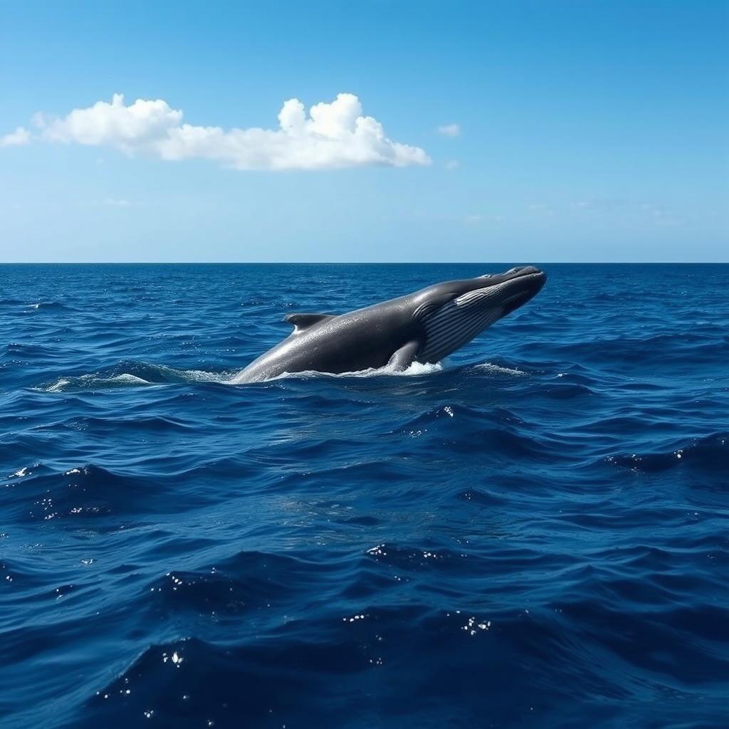 A majestic whale swimming gracefully in the ocean, amidst gentle waves under a clear blue sky