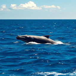 A majestic whale swimming gracefully in the ocean, amidst gentle waves under a clear blue sky