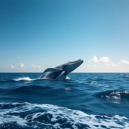 A majestic whale swimming gracefully in the ocean, amidst gentle waves under a clear blue sky