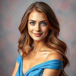 A stunning portrait of a woman with long wavy chestnut hair cascading over her shoulders