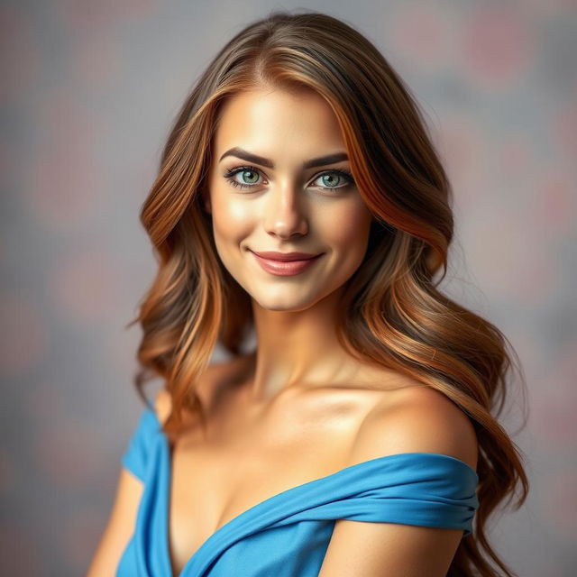 A stunning portrait of a woman with long wavy chestnut hair cascading over her shoulders