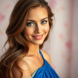 A stunning portrait of a woman with long wavy chestnut hair cascading over her shoulders