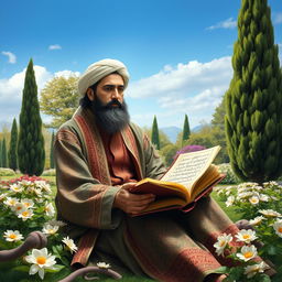A serene and captivating portrait of Hafez, the famous Persian poet, set against a beautiful backdrop of a lush garden typical of Iran