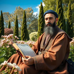 A serene and captivating portrait of Hafez, the famous Persian poet, set against a beautiful backdrop of a lush garden typical of Iran