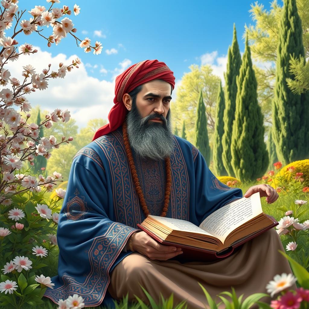 A serene and captivating portrait of Hafez, the famous Persian poet, set against a beautiful backdrop of a lush garden typical of Iran