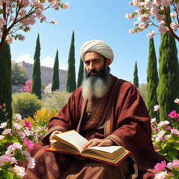 A serene and captivating portrait of Hafez, the famous Persian poet, set against a beautiful backdrop of a lush garden typical of Iran