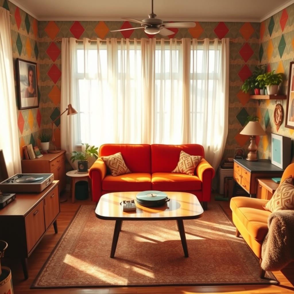 A beautifully designed retro living room featuring colorful wallpaper with geometric patterns, vintage furniture including a plush velvet sofa and a mid-century coffee table, a classic record player, and eclectic decorations such as a rotary phone and potted plants