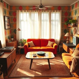 A beautifully designed retro living room featuring colorful wallpaper with geometric patterns, vintage furniture including a plush velvet sofa and a mid-century coffee table, a classic record player, and eclectic decorations such as a rotary phone and potted plants