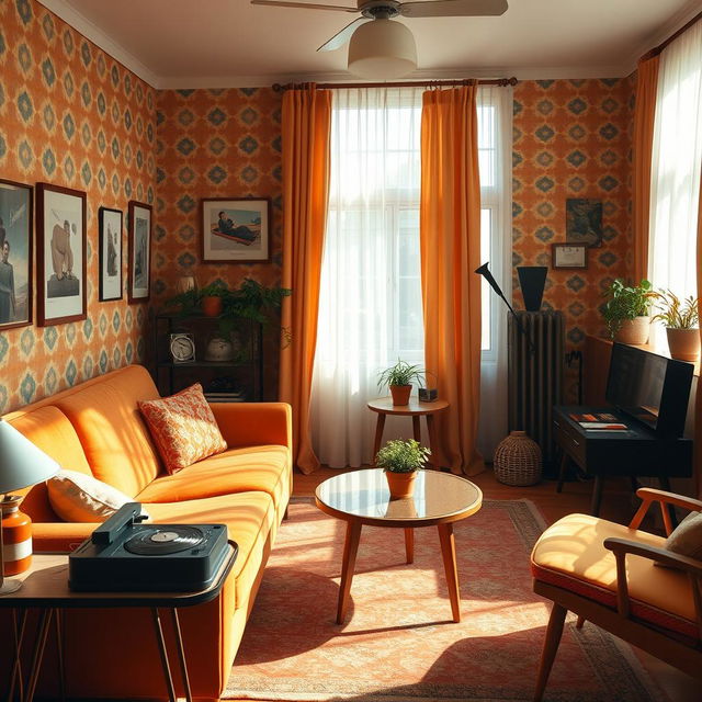 A beautifully designed retro living room featuring colorful wallpaper with geometric patterns, vintage furniture including a plush velvet sofa and a mid-century coffee table, a classic record player, and eclectic decorations such as a rotary phone and potted plants