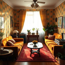 A beautifully designed retro living room featuring colorful wallpaper with geometric patterns, vintage furniture including a plush velvet sofa and a mid-century coffee table, a classic record player, and eclectic decorations such as a rotary phone and potted plants