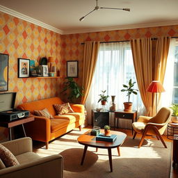 A beautifully designed retro living room featuring colorful wallpaper with geometric patterns, vintage furniture including a plush velvet sofa and a mid-century coffee table, a classic record player, and eclectic decorations such as a rotary phone and potted plants