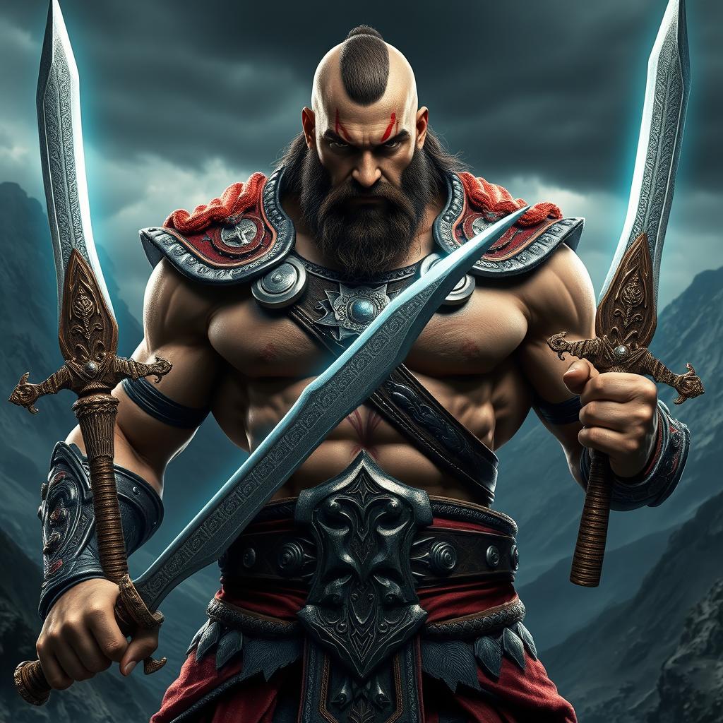 A powerful warrior inspired by Kratos, gripping his weapons firmly in each hand