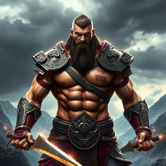 A powerful warrior inspired by Kratos, gripping his weapons firmly in each hand