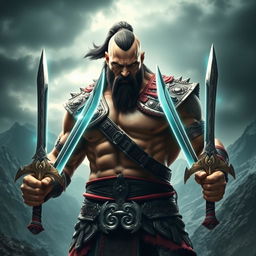 A powerful warrior inspired by Kratos, gripping his weapons firmly in each hand