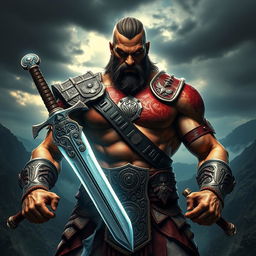 A powerful warrior inspired by Kratos, gripping his weapons firmly in each hand