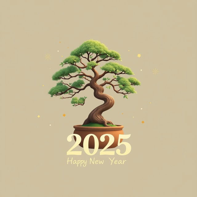 A festive Happy New Year 2025 greeting card design featuring a beautiful bonsai tree as the central visuals