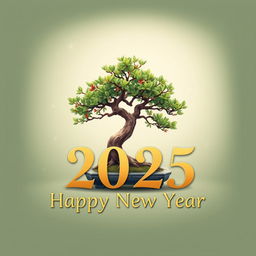A festive Happy New Year 2025 greeting card design featuring a beautiful bonsai tree as the central visuals