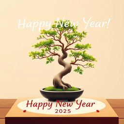 A festive Happy New Year 2025 greeting card design featuring a beautiful bonsai tree as the central visuals