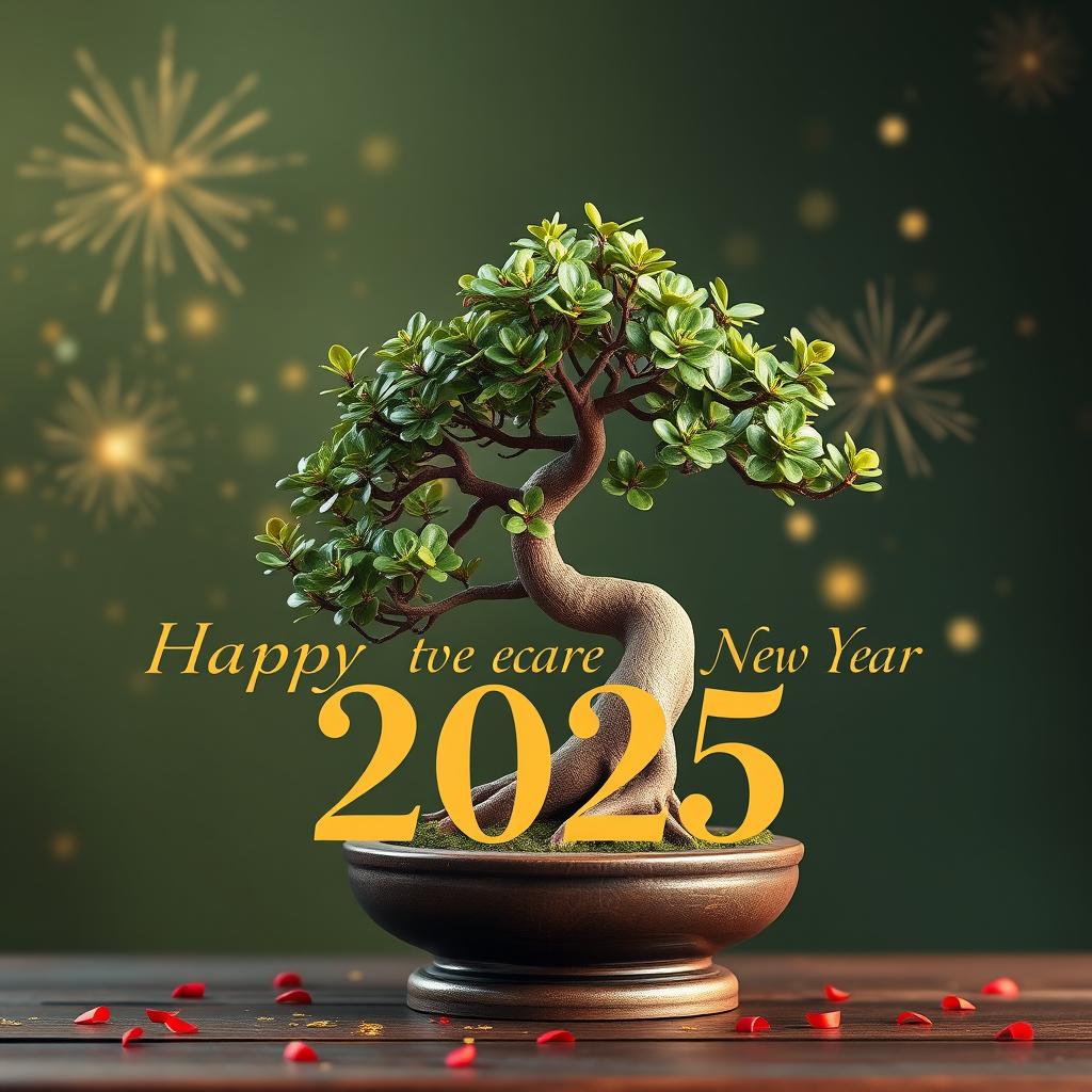 A festive Happy New Year 2025 greeting card design featuring a beautiful bonsai tree as the central visuals