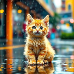 A cute yellow cat sitting in the rain, looking playful and curious