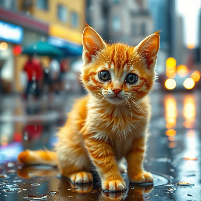 A cute yellow cat sitting in the rain, looking playful and curious