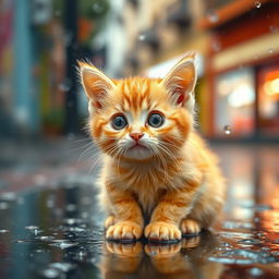 A cute yellow cat sitting in the rain, looking playful and curious