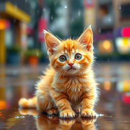 A cute yellow cat sitting in the rain, looking playful and curious