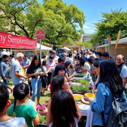 A vibrant community-based initiative event in a bustling urban park, featuring diverse people of all ages engaging in various activities such as gardening, art workshops, and food stalls