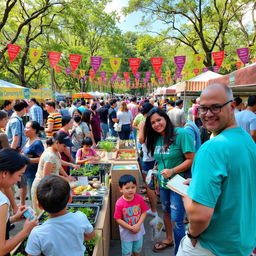 A vibrant community-based initiative event in a bustling urban park, featuring diverse people of all ages engaging in various activities such as gardening, art workshops, and food stalls
