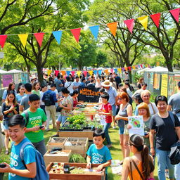 A vibrant community-based initiative event in a bustling urban park, featuring diverse people of all ages engaging in various activities such as gardening, art workshops, and food stalls