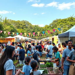 A vibrant community-based initiative event in a bustling urban park, featuring diverse people of all ages engaging in various activities such as gardening, art workshops, and food stalls