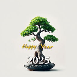 A beautiful Happy New Year 2025 greeting card design for 'বনসাই নিয়ে কথা', prominently featuring a stunning bonsai tree as the focal point