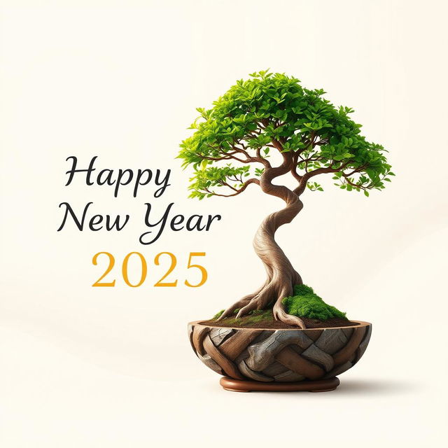 A beautiful Happy New Year 2025 greeting card design for 'বনসাই নিয়ে কথা', prominently featuring a stunning bonsai tree as the focal point