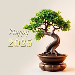 A beautiful Happy New Year 2025 greeting card design for 'বনসাই নিয়ে কথা', prominently featuring a stunning bonsai tree as the focal point