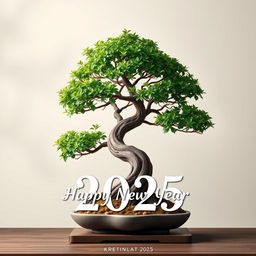 A beautiful Happy New Year 2025 greeting card design for 'বনসাই নিয়ে কথা', prominently featuring a stunning bonsai tree as the focal point