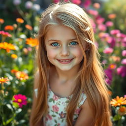 A stunning portrait of a beautiful girl with long, flowing hair, bright blue eyes, and a radiant smile