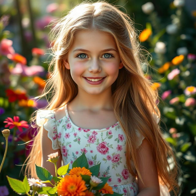 A stunning portrait of a beautiful girl with long, flowing hair, bright blue eyes, and a radiant smile