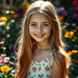 A stunning portrait of a beautiful girl with long, flowing hair, bright blue eyes, and a radiant smile