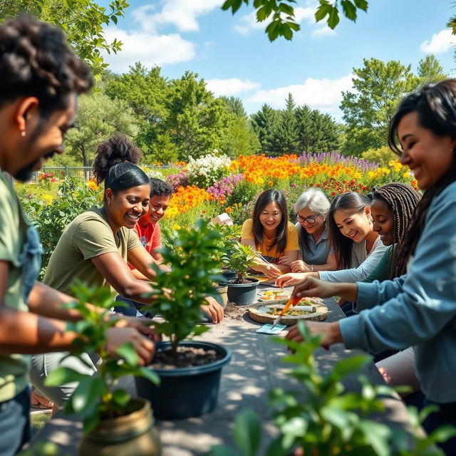 A vibrant community-based initiative scene depicting a diverse group of people collaborating in a beautiful outdoor park