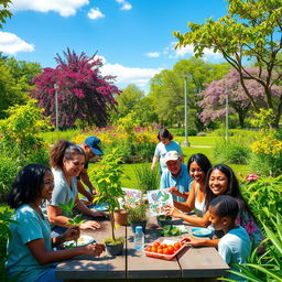 A vibrant community-based initiative scene depicting a diverse group of people collaborating in a beautiful outdoor park