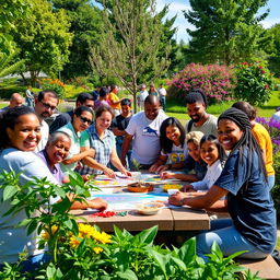 A vibrant community-based initiative scene depicting a diverse group of people collaborating in a beautiful outdoor park