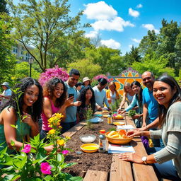 A vibrant community-based initiative scene depicting a diverse group of people collaborating in a beautiful outdoor park