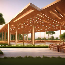 A 3D illustration of a lavish marriage hall, optimized for a 45ft wide by 250ft long land, including a well-thought-out parking area. The design should reflect a stylish interior, versatile seating, and space for a stage.