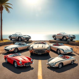 A stunning, vintage collage showcasing the most iconic sports cars from the 1950s, including the sleek Aston Martin DB3, the powerful Ferrari 250 GT, the classic Jaguar XK140, the graceful Mercedes-Benz 300SL Gullwing, and the innovative Porsche 356