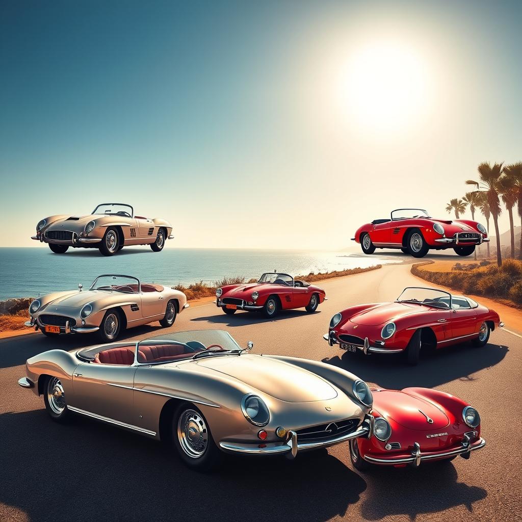 A stunning, vintage collage showcasing the most iconic sports cars from the 1950s, including the sleek Aston Martin DB3, the powerful Ferrari 250 GT, the classic Jaguar XK140, the graceful Mercedes-Benz 300SL Gullwing, and the innovative Porsche 356