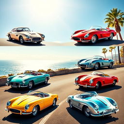 A stunning, vintage collage showcasing the most iconic sports cars from the 1950s, including the sleek Aston Martin DB3, the powerful Ferrari 250 GT, the classic Jaguar XK140, the graceful Mercedes-Benz 300SL Gullwing, and the innovative Porsche 356