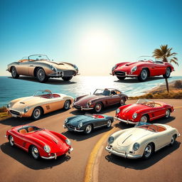 A stunning, vintage collage showcasing the most iconic sports cars from the 1950s, including the sleek Aston Martin DB3, the powerful Ferrari 250 GT, the classic Jaguar XK140, the graceful Mercedes-Benz 300SL Gullwing, and the innovative Porsche 356